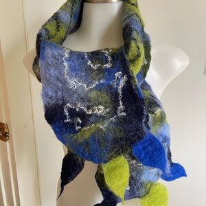 Handcrafted Felted Merino Wool Scarf in Blue, Lime & Navy